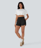 High Waisted Drawstring Contrast Mesh Curved Hem Yoga Shorts with Pockets — Black — view 6