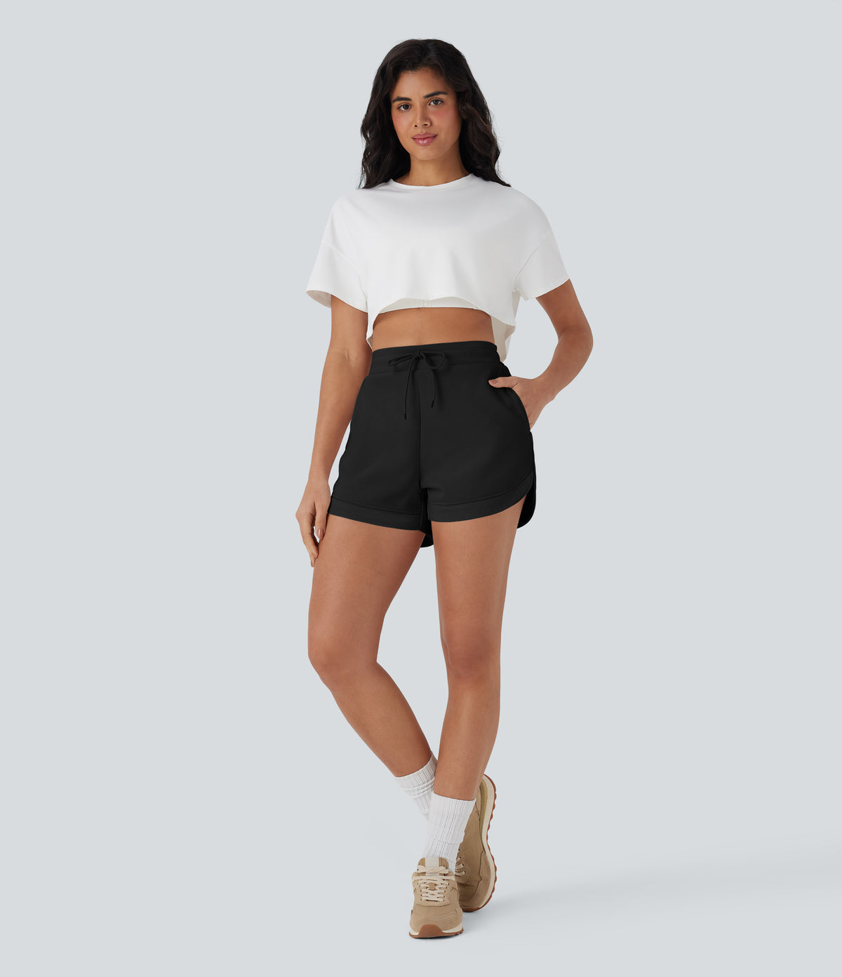 High Waisted Drawstring Contrast Mesh Curved Hem Yoga Shorts with Pockets — Black — view 6