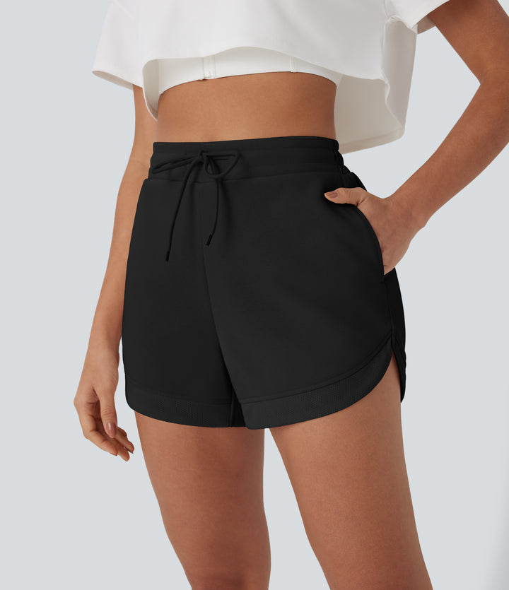 High Waisted Drawstring Contrast Mesh Curved Hem Yoga Shorts with Pockets — Black — view 1
