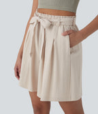 High Waisted Belted Casual Linen-Feel Bermuda Shorts with Side Pockets — Snowy Peaks — view 4