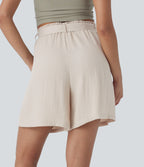 High Waisted Belted Casual Linen-Feel Bermuda Shorts with Side Pockets — Snowy Peaks — view 2