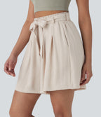 High Waisted Belted Casual Linen-Feel Bermuda Shorts with Side Pockets — Snowy Peaks — view 3