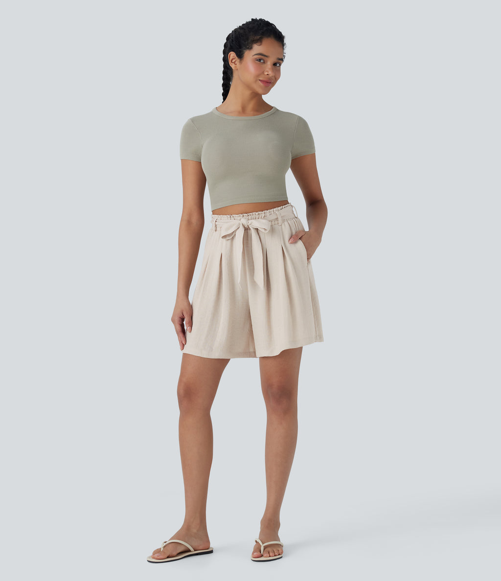 High Waisted Belted Casual Linen-Feel Bermuda Shorts with Side Pockets — Snowy Peaks — view 5