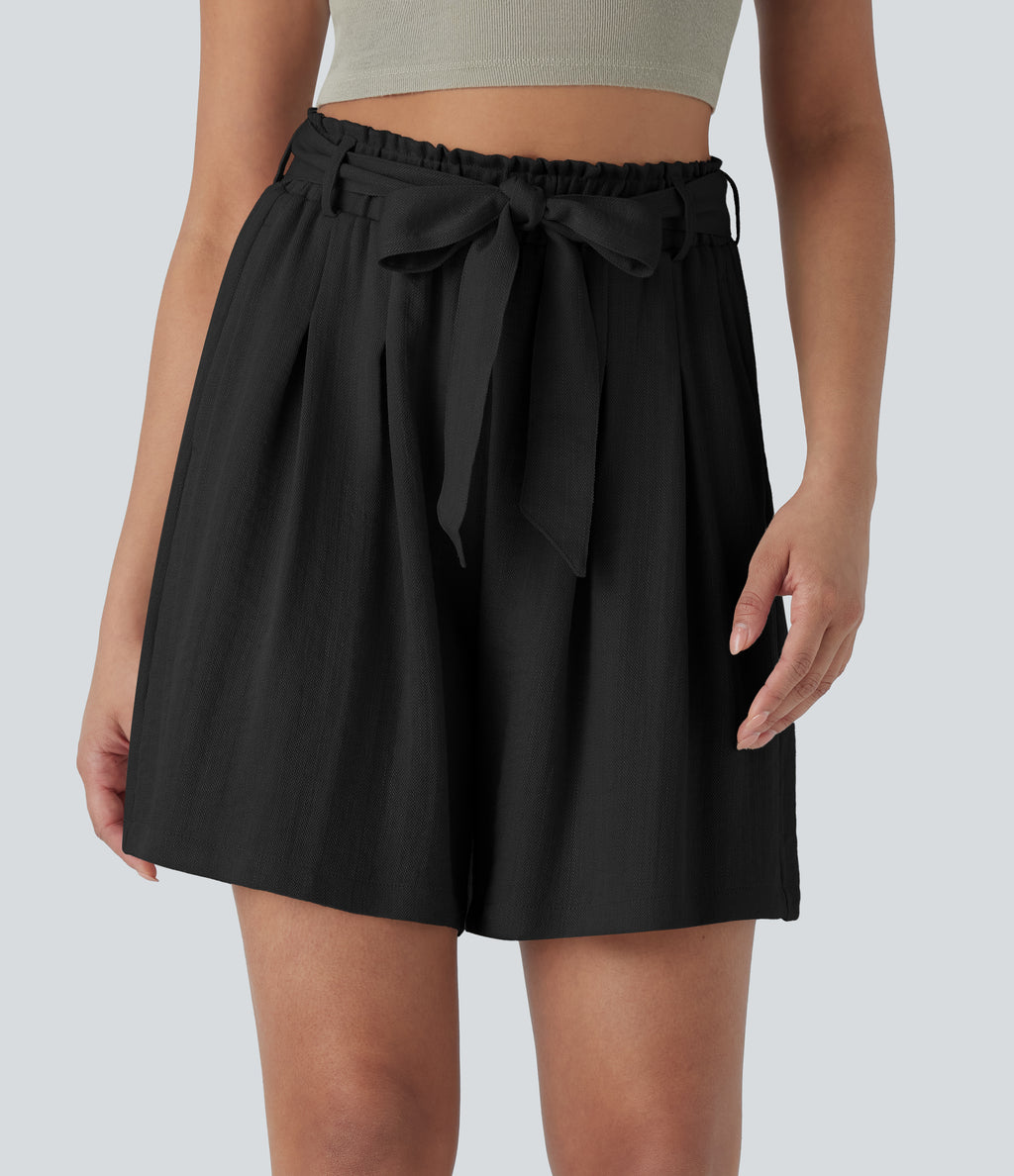 High Waisted Belted Casual Linen-Feel Bermuda Shorts with Side Pockets — Black — view 6