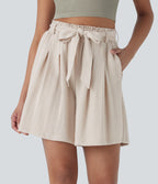 High Waisted Belted Casual Linen-Feel Bermuda Shorts with Side Pockets — Snowy Peaks — view 1