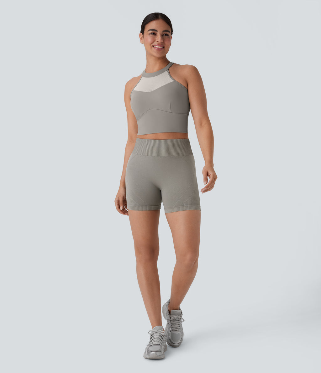 OneForm Seamless Flow High Waisted Ruched Yoga Biker Shorts 4'' — Silent Storm — view 6