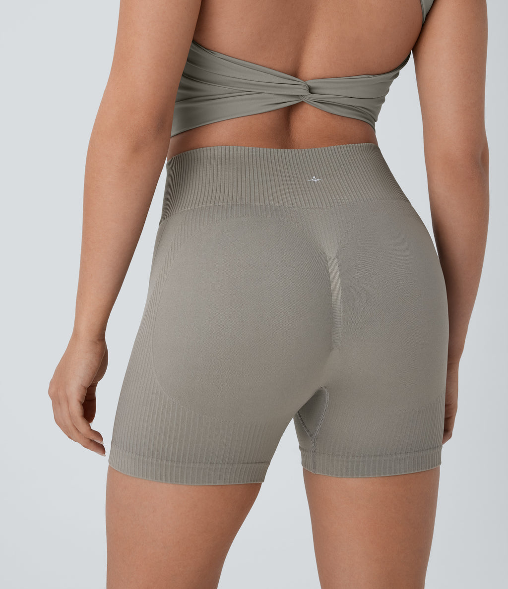 OneForm Seamless Flow High Waisted Ruched Yoga Biker Shorts 4'' — Silent Storm — view 5