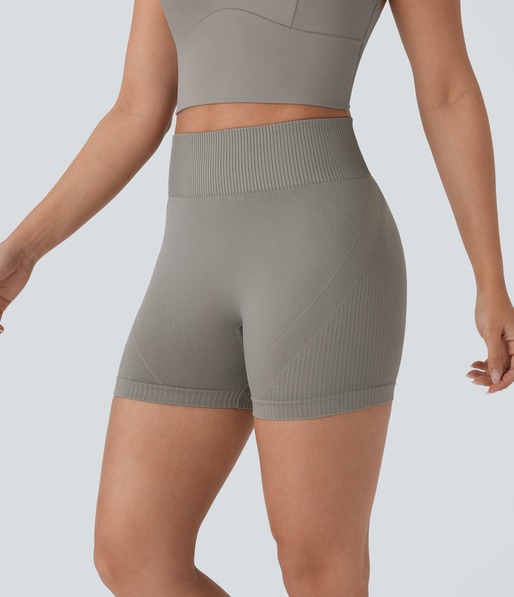 OneForm Seamless Flow High Waisted Ruched Yoga Biker Shorts 4'' — Silent Storm — view 3