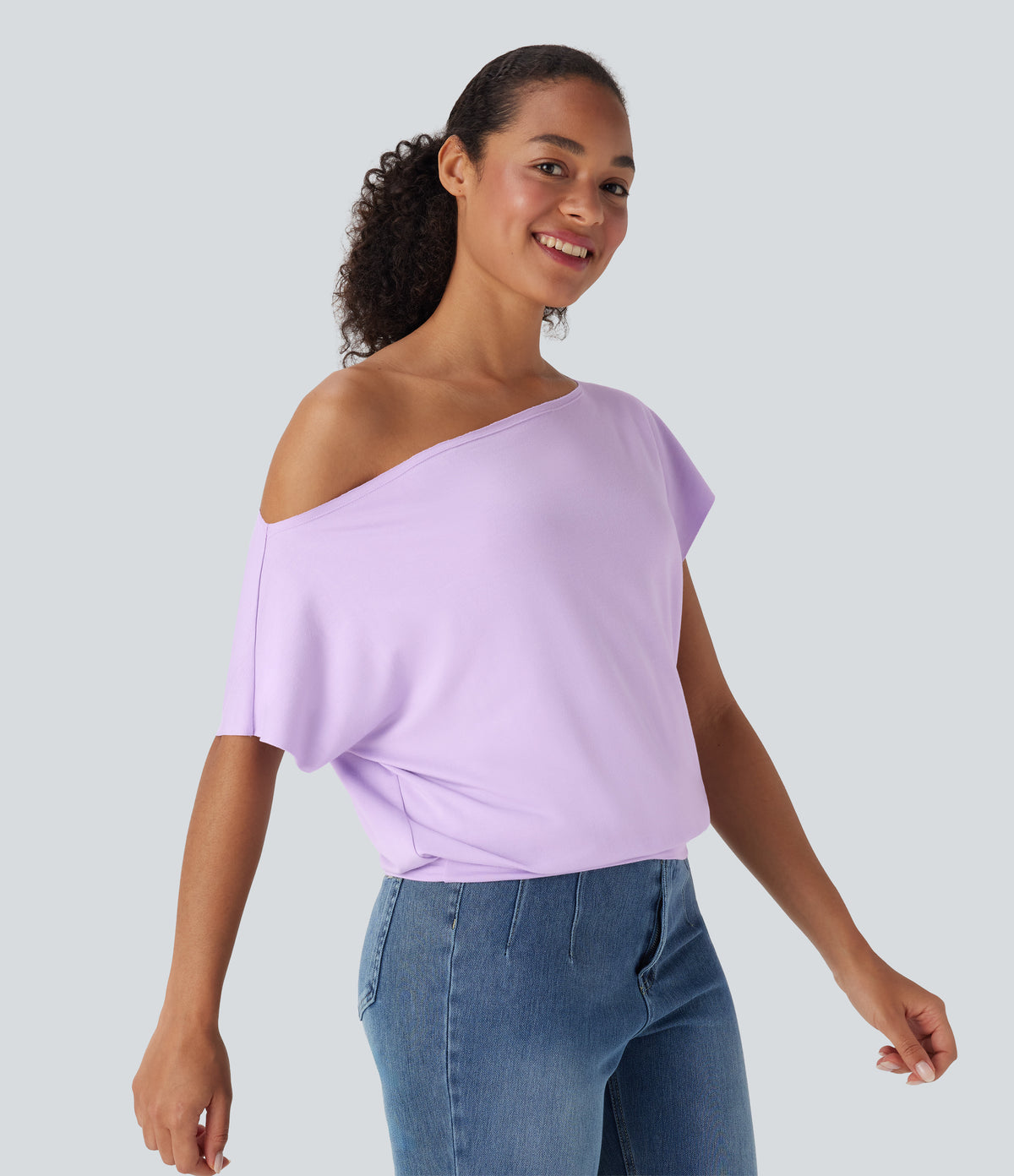 One Shoulder Short Sleeve Casual Top — Far Purple — view 3