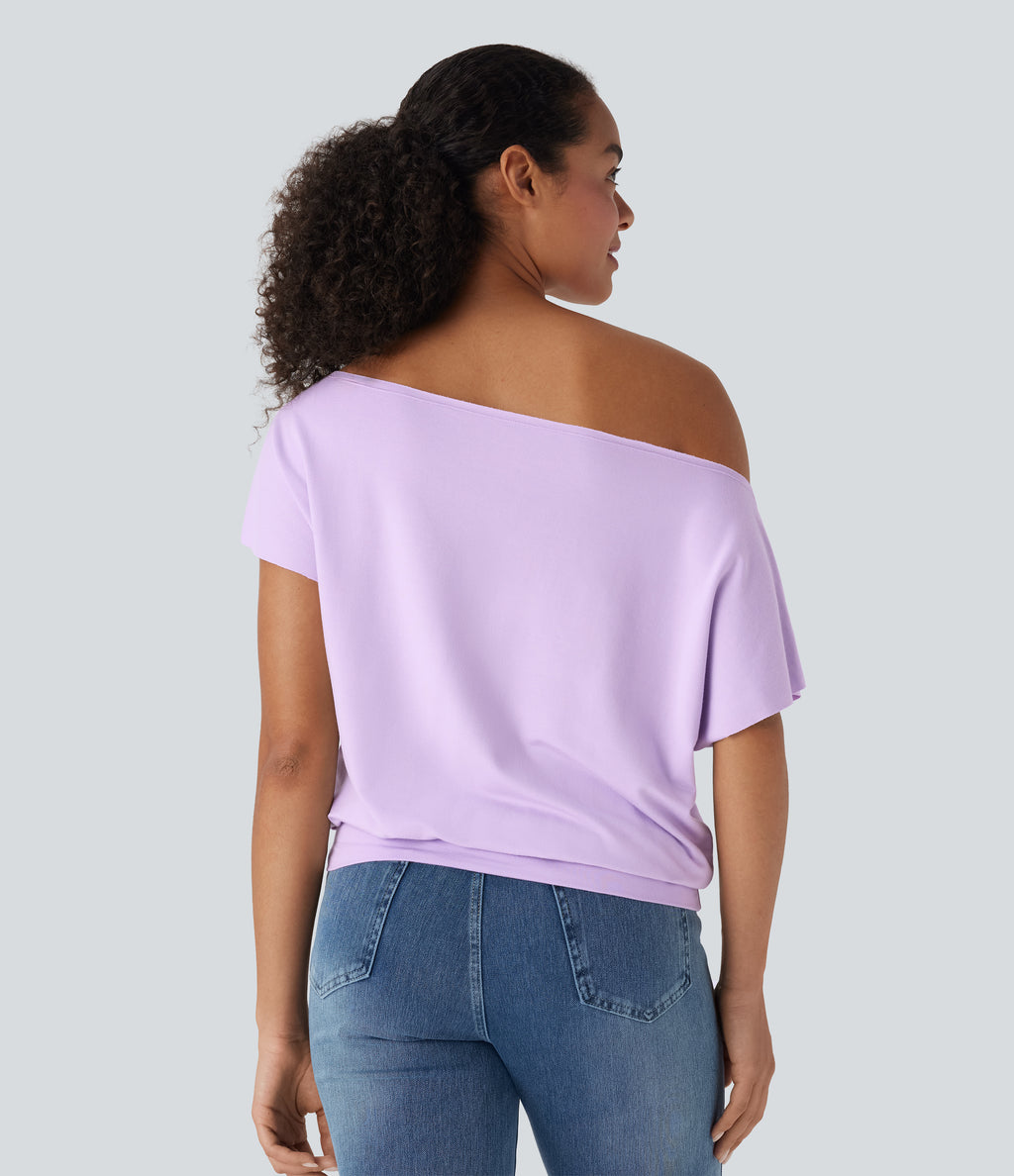 One Shoulder Short Sleeve Casual Top — Far Purple — view 2