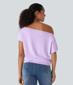 One Shoulder Short Sleeve Casual Top — Far Purple — view 2