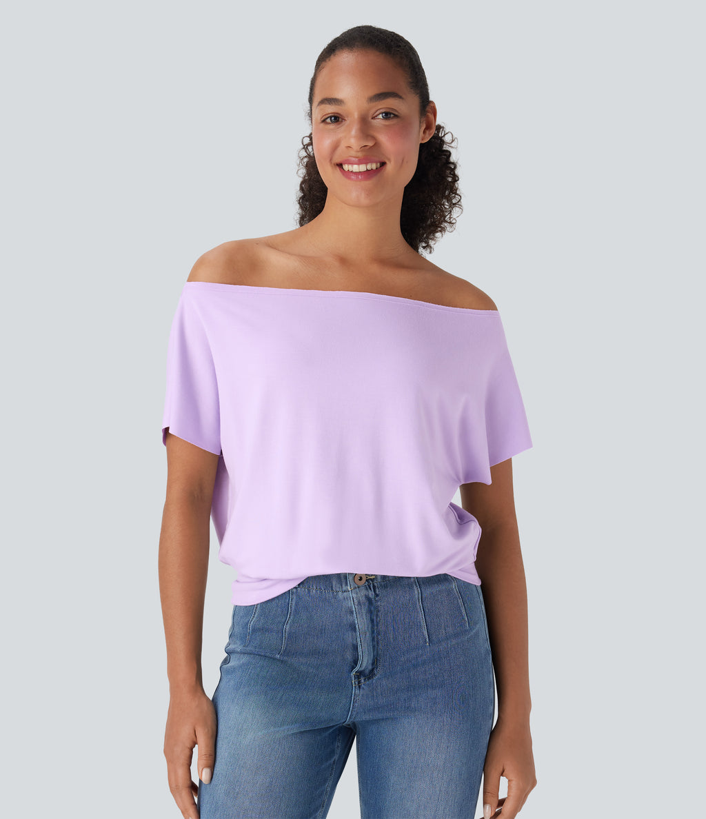 One Shoulder Short Sleeve Casual Top — Far Purple — view 7