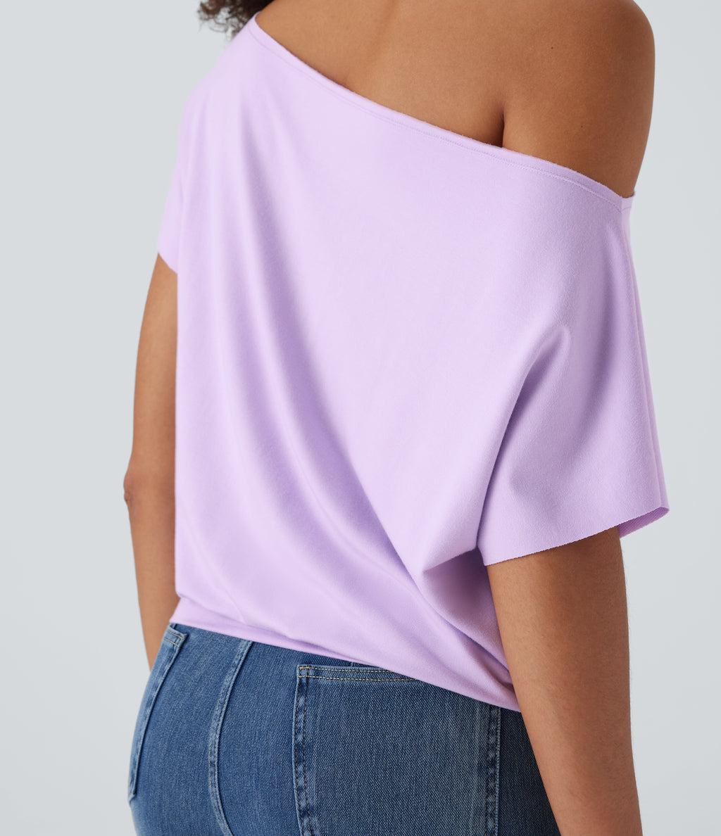 One Shoulder Short Sleeve Casual Top — Far Purple — view 5
