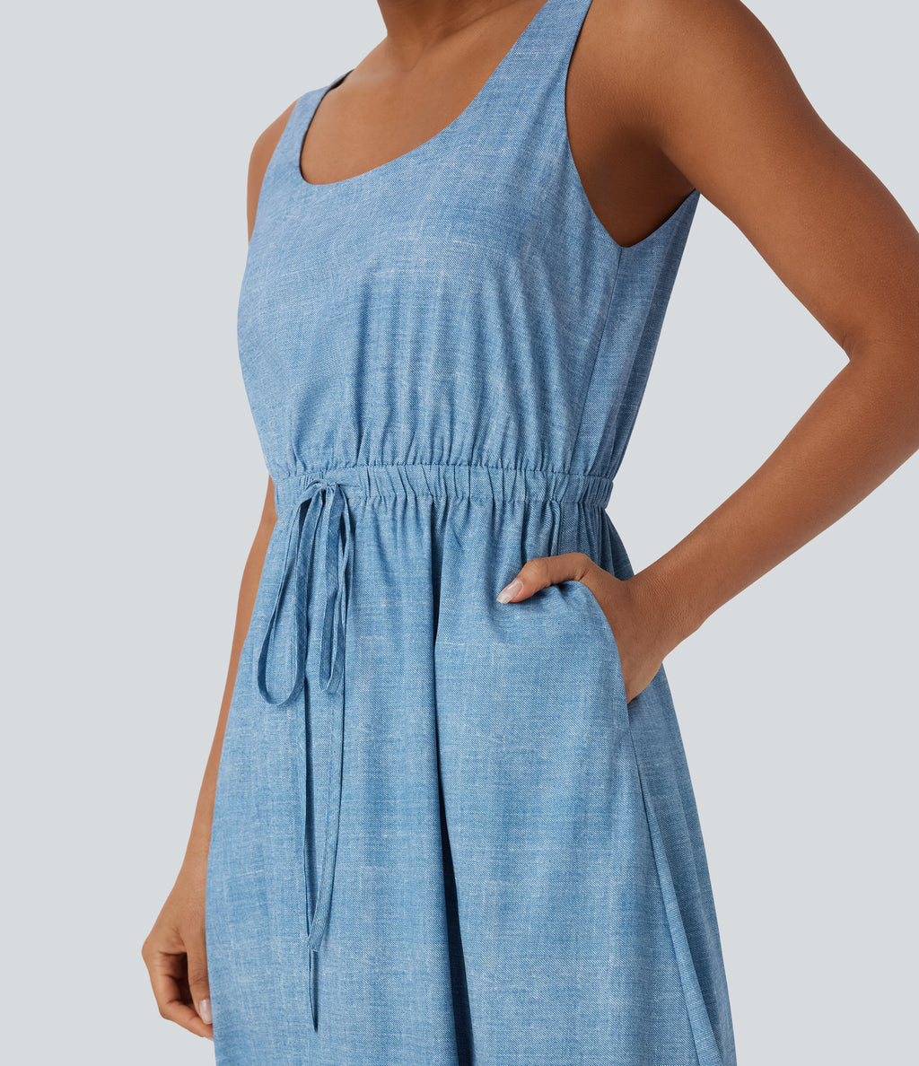 Backless Sleeveless Drawstring Split Maxi Casual Dress with Pockets — Light Blue — view 4