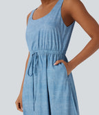 Backless Sleeveless Drawstring Split Maxi Casual Dress with Pockets — Light Blue — view 4