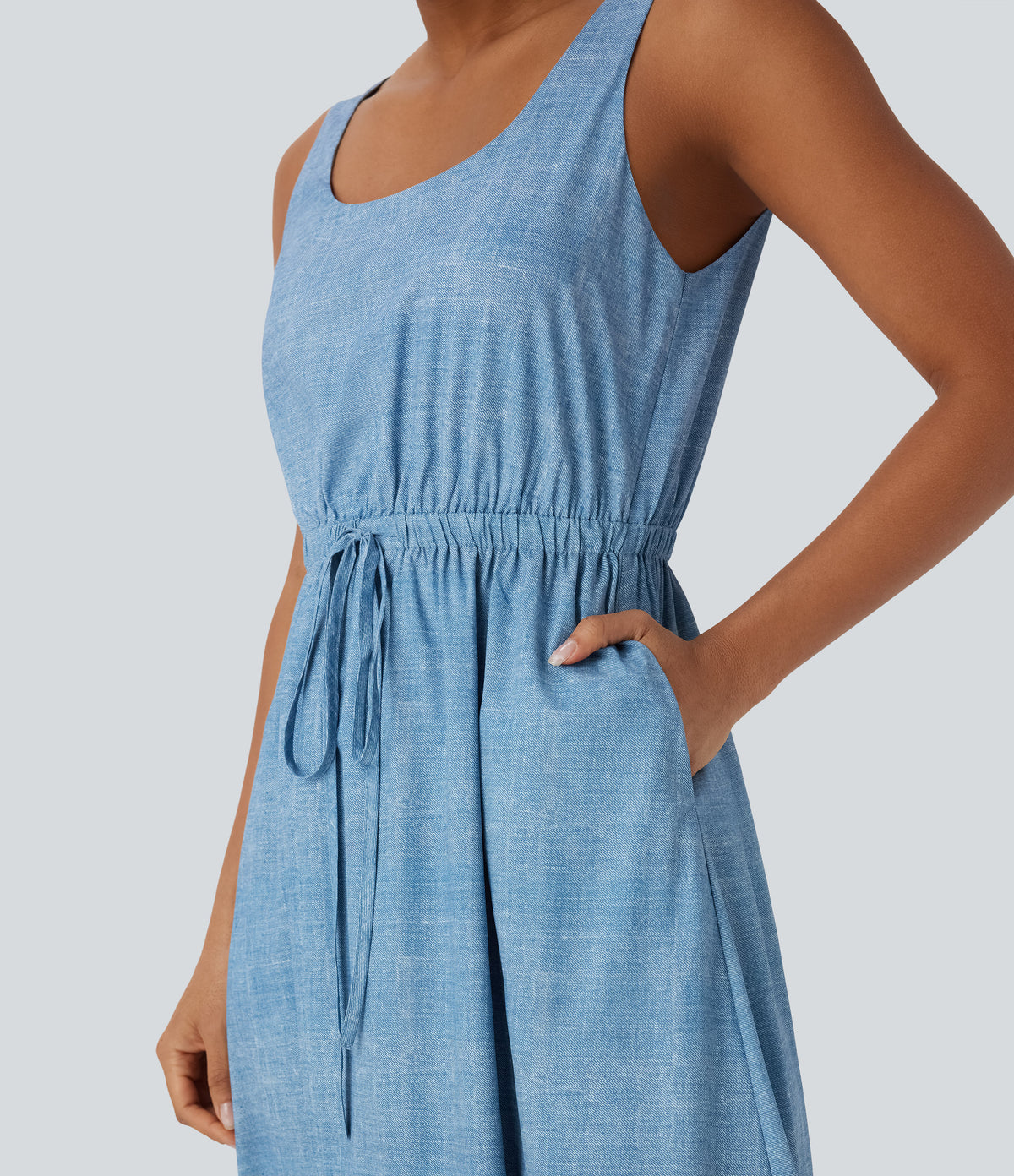 Backless Sleeveless Drawstring Split Maxi Casual Dress with Pockets — Light Blue — view 4