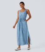 Backless Sleeveless Drawstring Split Maxi Casual Dress with Pockets — Light Blue — view 1