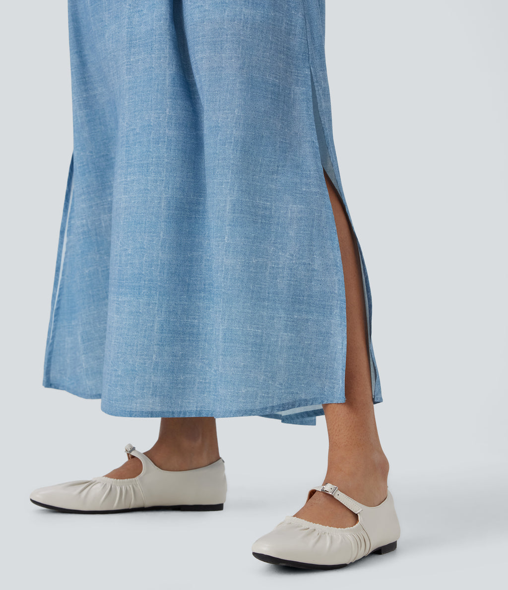 Backless Sleeveless Drawstring Split Maxi Casual Dress with Pockets — Light Blue — view 5