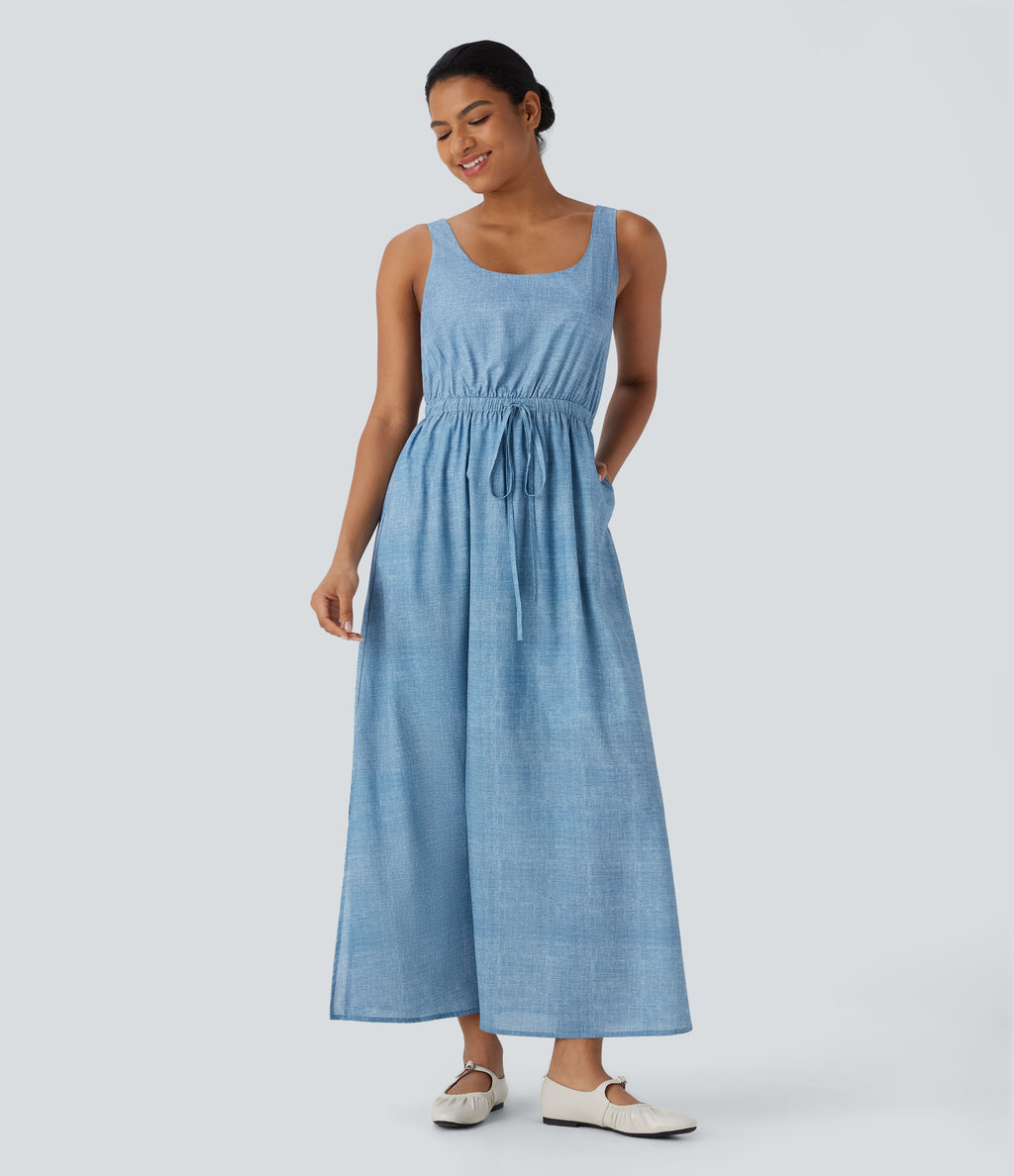 Backless Sleeveless Drawstring Split Maxi Casual Dress with Pockets — Light Blue — view 3