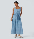 Backless Sleeveless Drawstring Split Maxi Casual Dress with Pockets — Light Blue — view 3