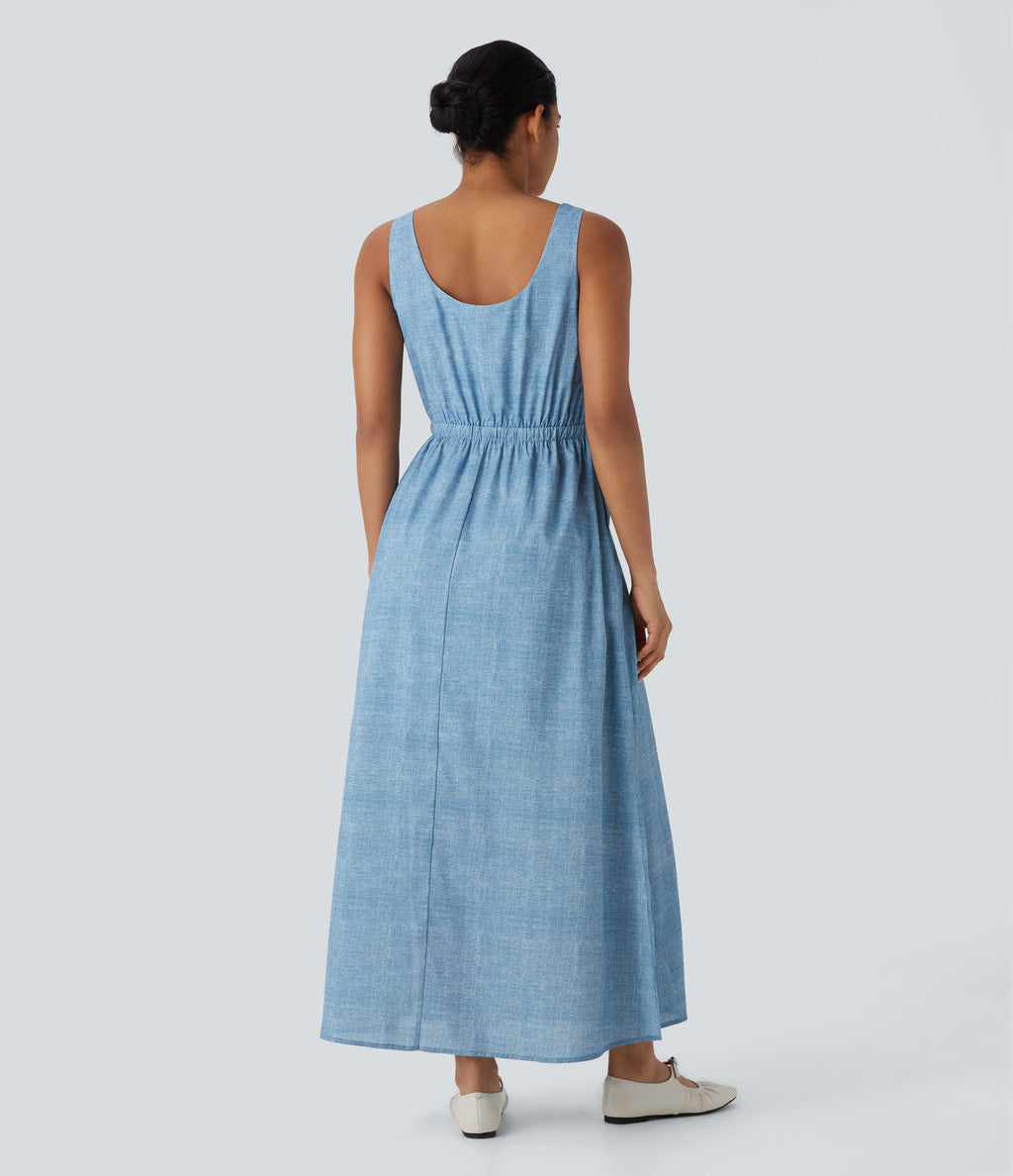 Backless Sleeveless Drawstring Split Maxi Casual Dress with Pockets — Light Blue — view 2