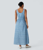 Backless Sleeveless Drawstring Split Maxi Casual Dress with Pockets — Light Blue — view 2