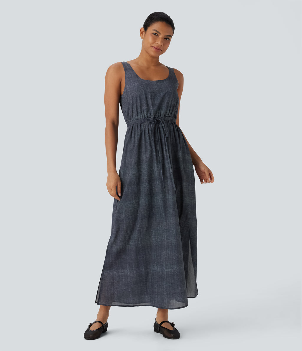 Backless Sleeveless Drawstring Split Maxi Casual Dress with Pockets — Fog Grey Blue — view 6
