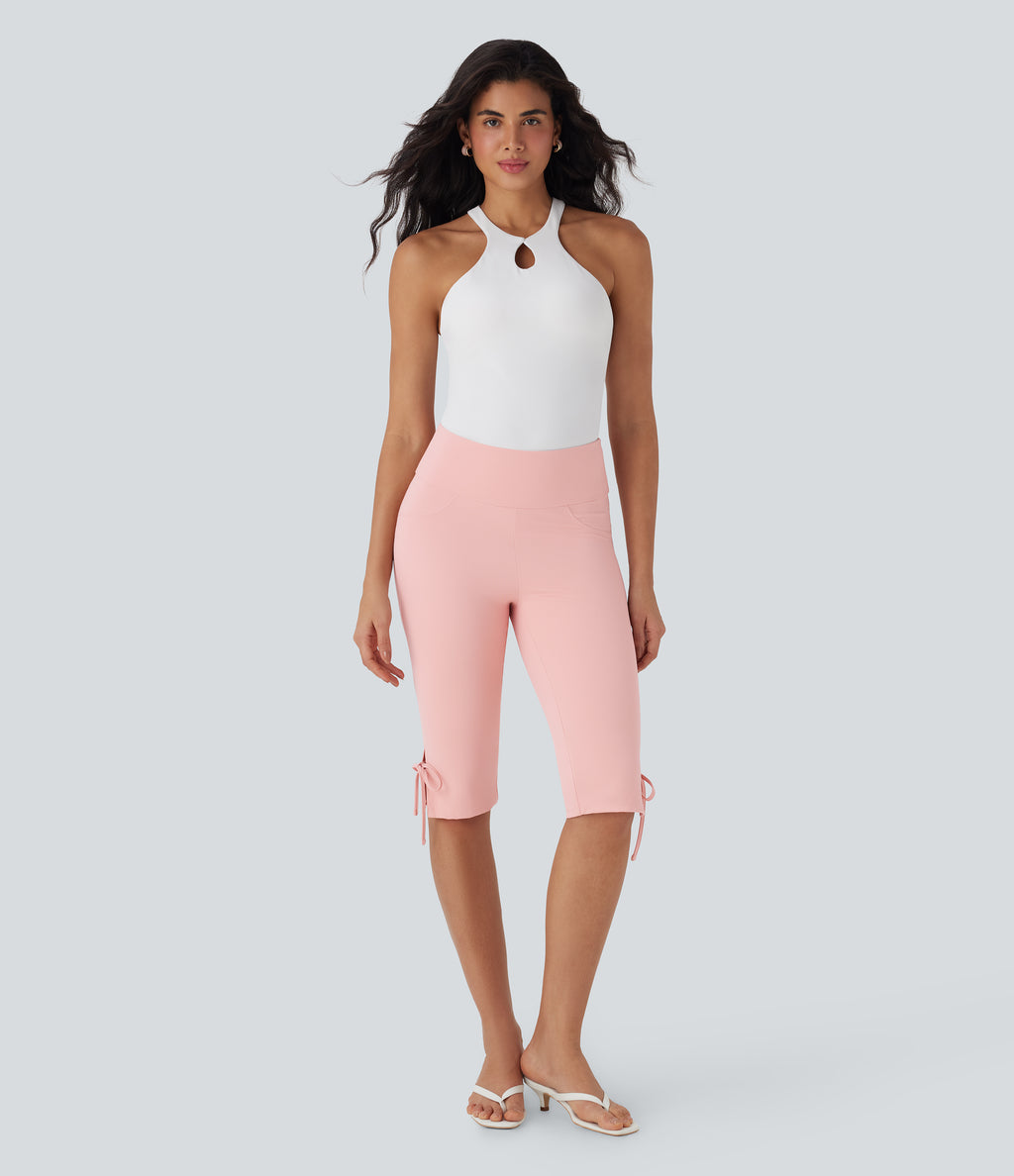 Mid Rise Lace Up Capri Casual Trousers with Back Pockets — Veiled Pink — view 6