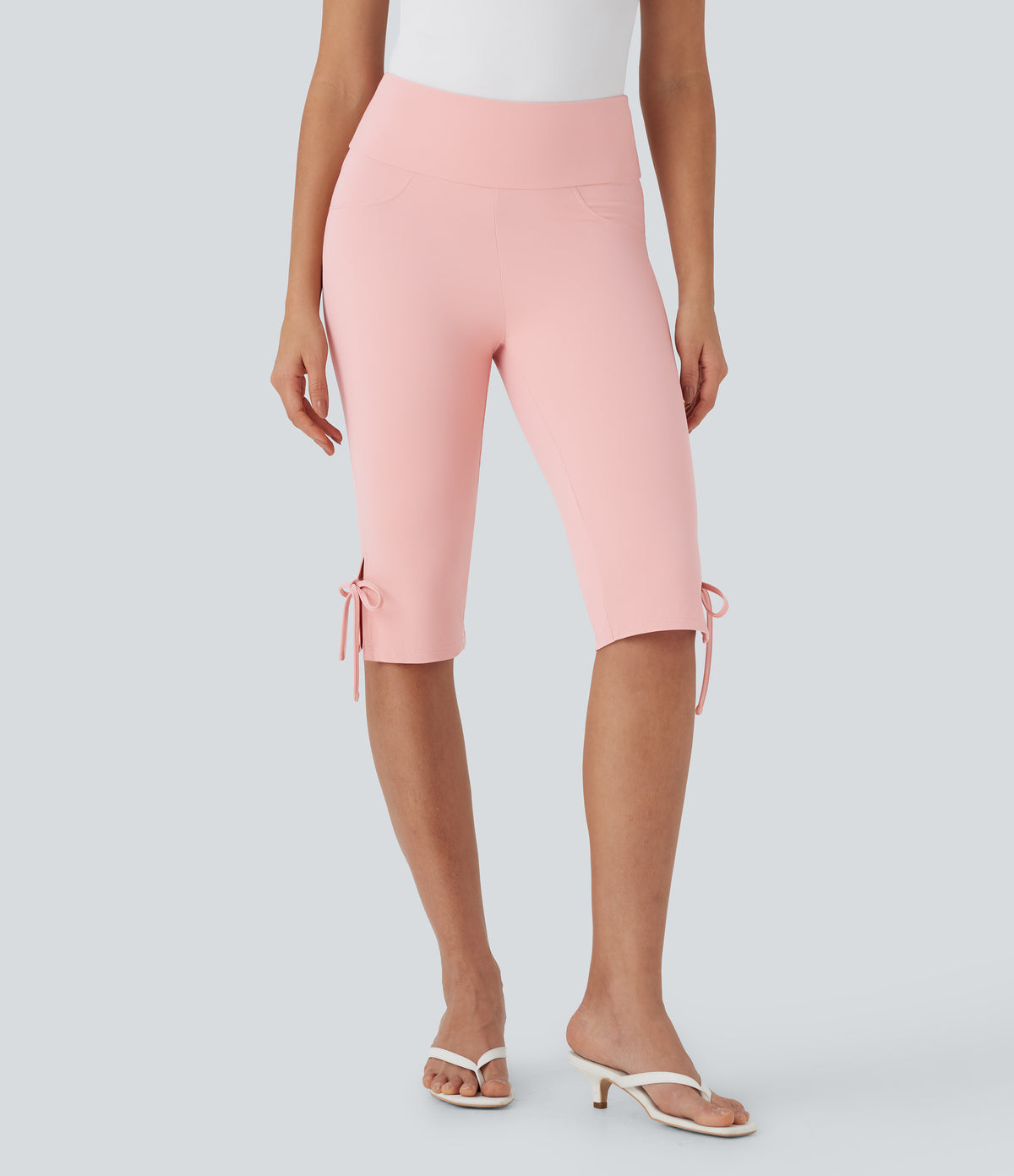 Mid Rise Lace Up Capri Casual Trousers with Back Pockets — Veiled Pink — view 2