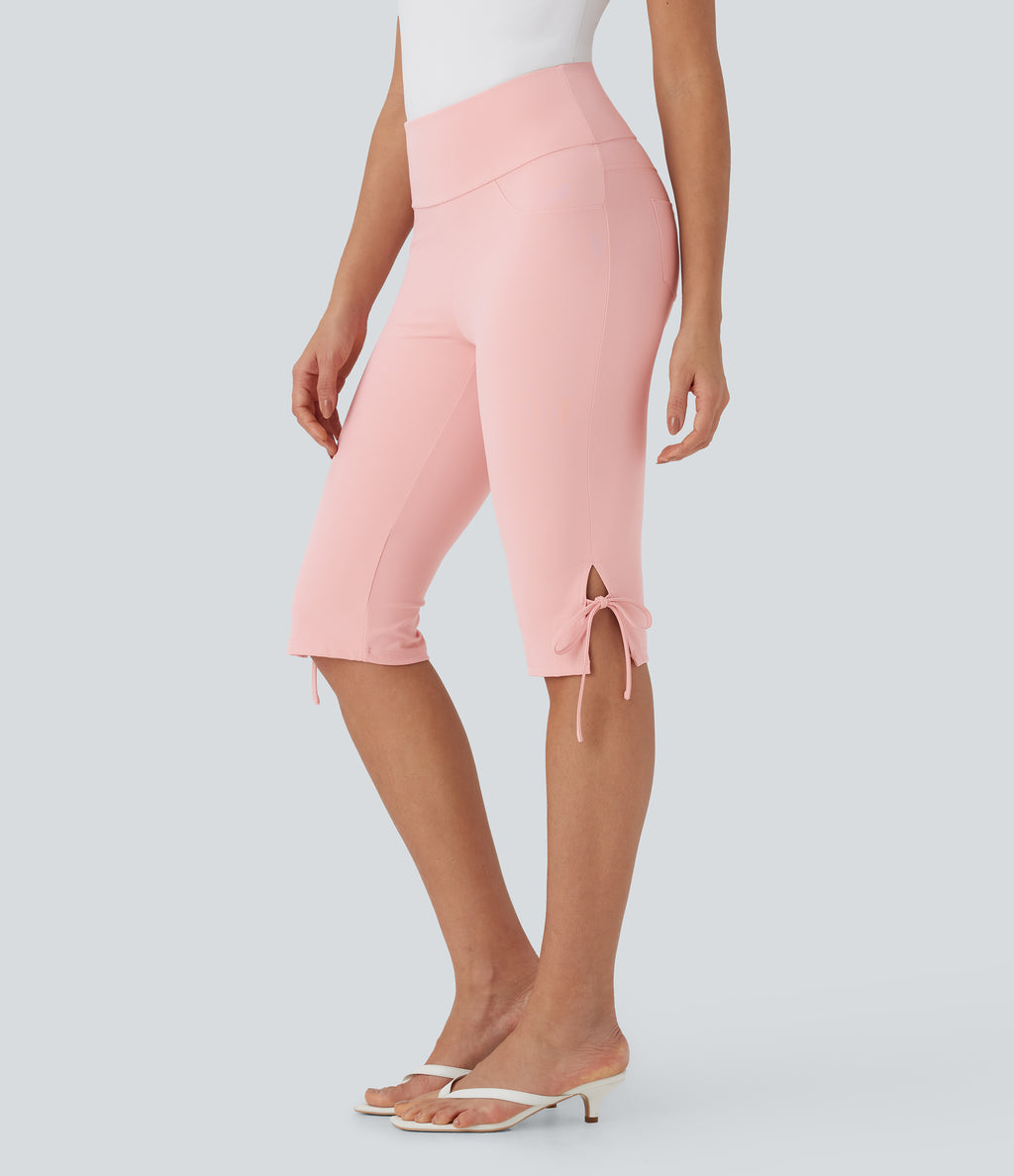 Mid Rise Lace Up Capri Casual Trousers with Back Pockets — Veiled Pink — view 3
