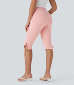 Mid Rise Lace Up Capri Casual Trousers with Back Pockets — Veiled Pink — view 1