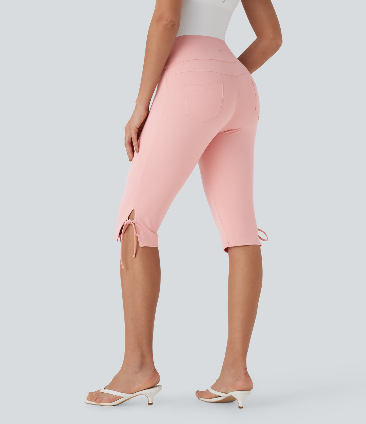 Mid Rise Lace Up Capri Casual Trousers with Back Pockets — Veiled Pink — view 1