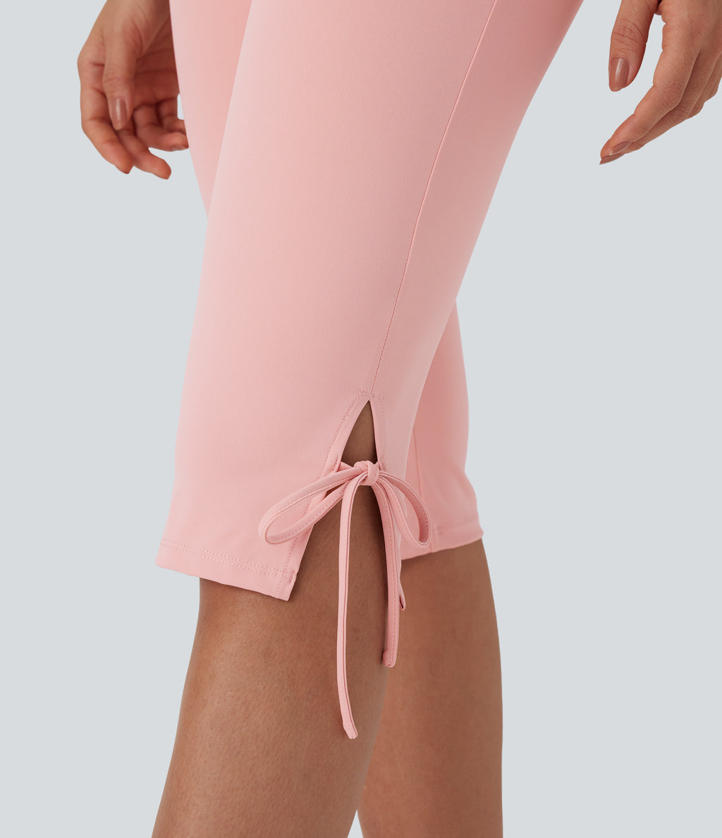 Mid Rise Lace Up Capri Casual Trousers with Back Pockets — Veiled Pink — view 5