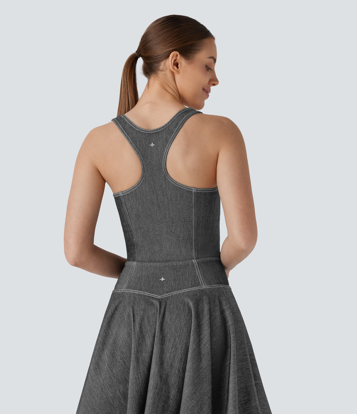 Square Neck Racerback Washed Stretchy Knit Denim Tennis Bodysuit — Meteorite Black Denim — view 4
