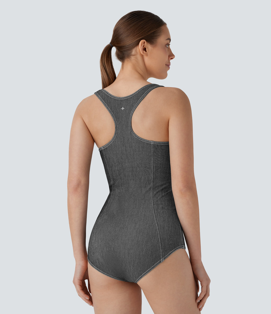 Square Neck Racerback Washed Stretchy Knit Denim Tennis Bodysuit — Meteorite Black Denim — view 3