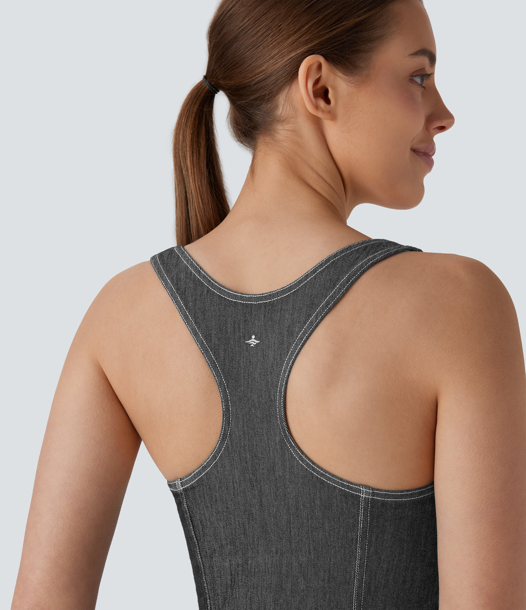 Square Neck Racerback Washed Stretchy Knit Denim Tennis Bodysuit — Meteorite Black Denim — view 6