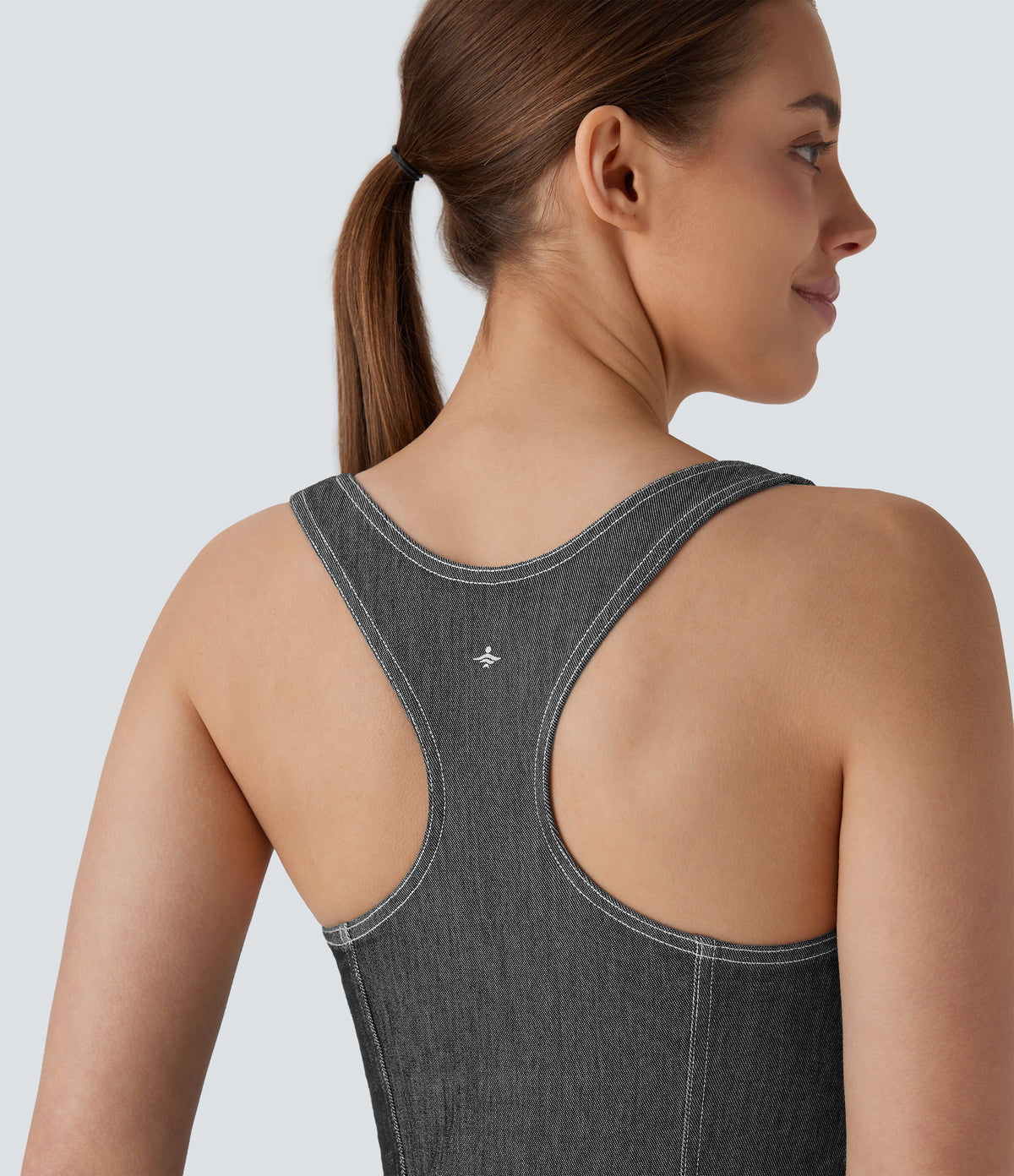 Square Neck Racerback Washed Stretchy Knit Denim Tennis Bodysuit — Meteorite Black Denim — view 6