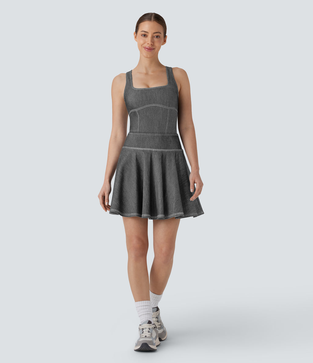 Square Neck Racerback Washed Stretchy Knit Denim Tennis Bodysuit — Meteorite Black Denim — view 8