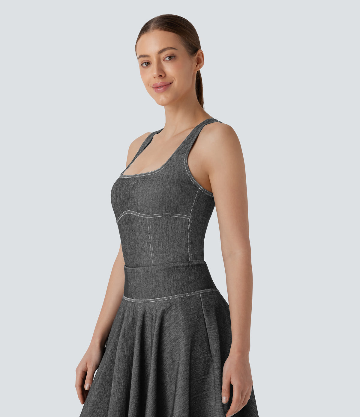 Square Neck Racerback Washed Stretchy Knit Denim Tennis Bodysuit — Meteorite Black Denim — view 5