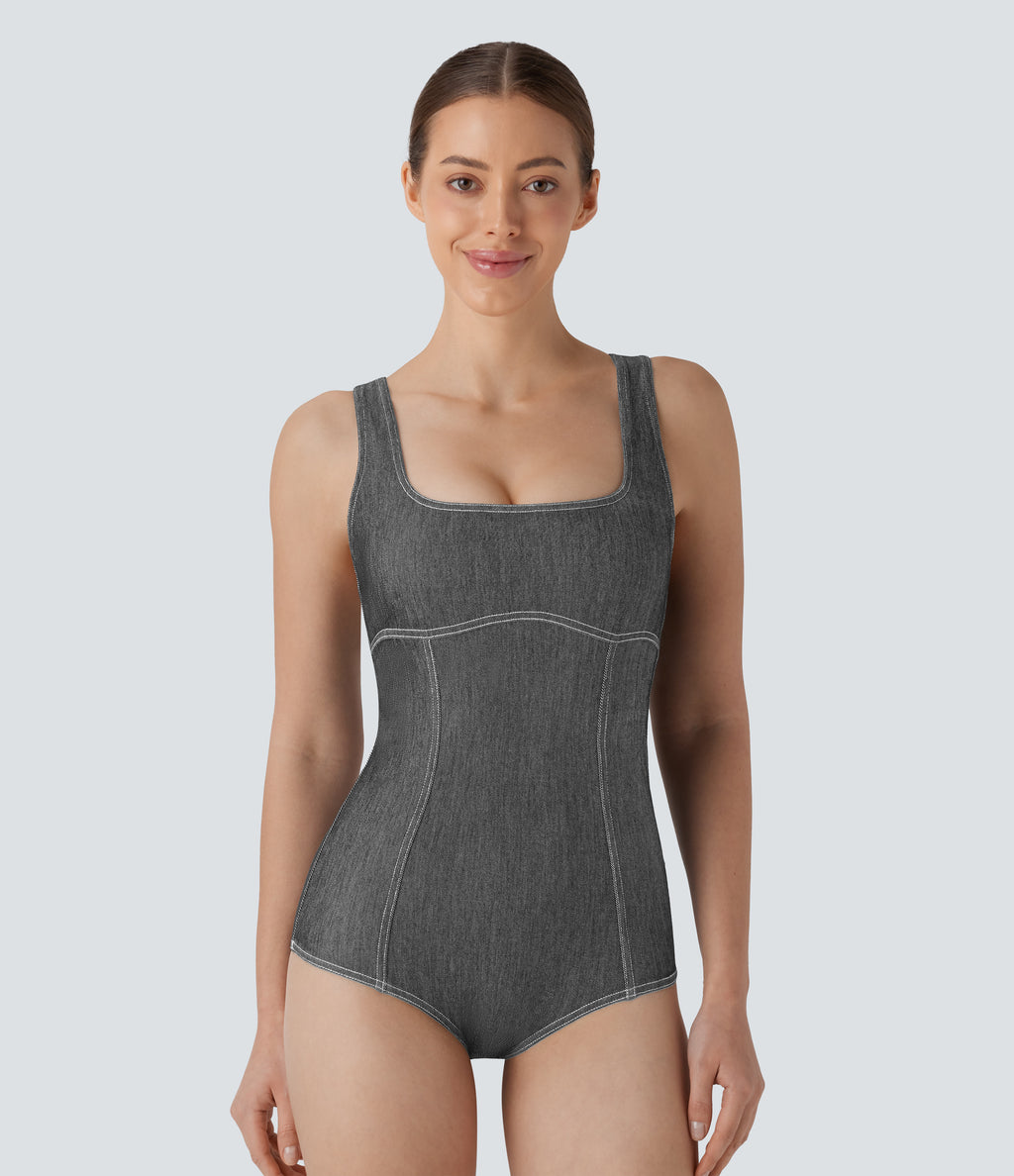 Square Neck Racerback Washed Stretchy Knit Denim Tennis Bodysuit — Meteorite Black Denim — view 1