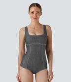 Square Neck Racerback Washed Stretchy Knit Denim Tennis Bodysuit — Meteorite Black Denim — view 1