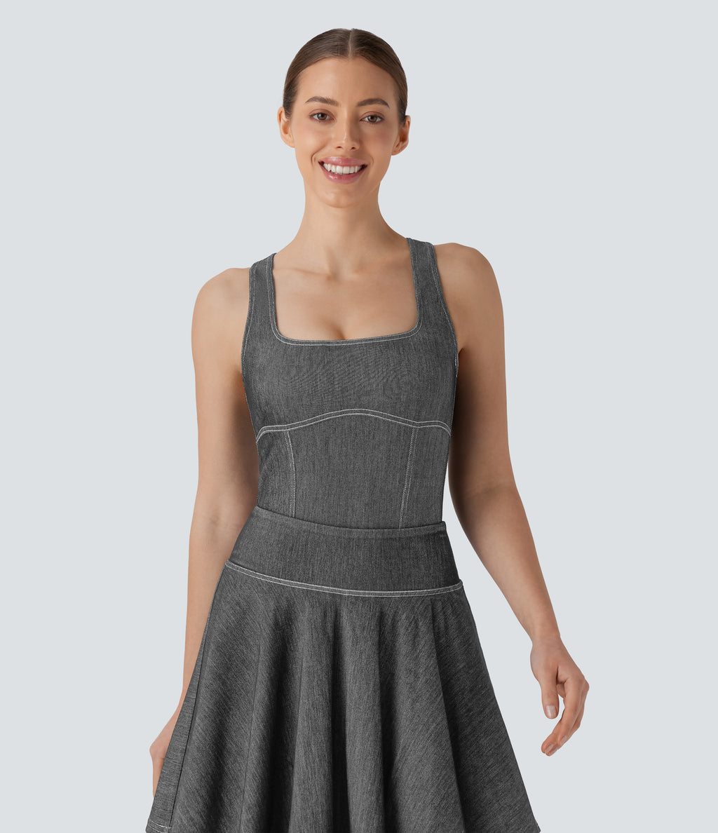 Square Neck Racerback Washed Stretchy Knit Denim Tennis Bodysuit — Meteorite Black Denim — view 2