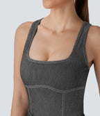 Square Neck Racerback Washed Stretchy Knit Denim Tennis Bodysuit — Meteorite Black Denim — view 7
