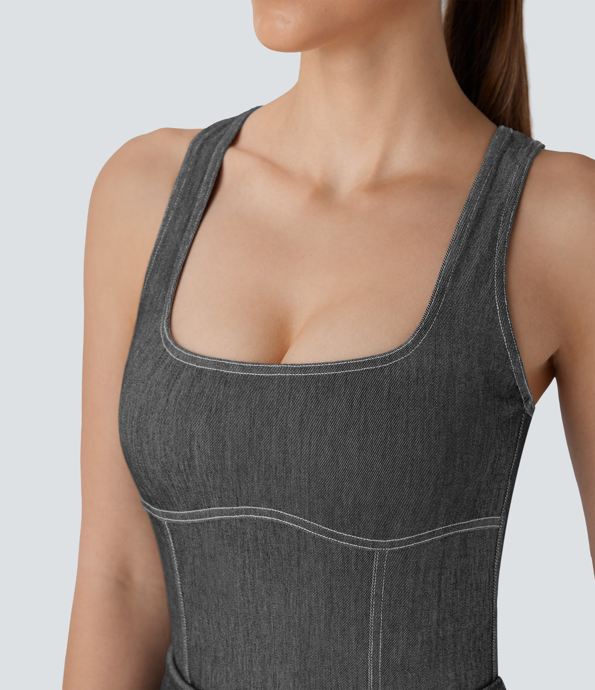 Square Neck Racerback Washed Stretchy Knit Denim Tennis Bodysuit — Meteorite Black Denim — view 7