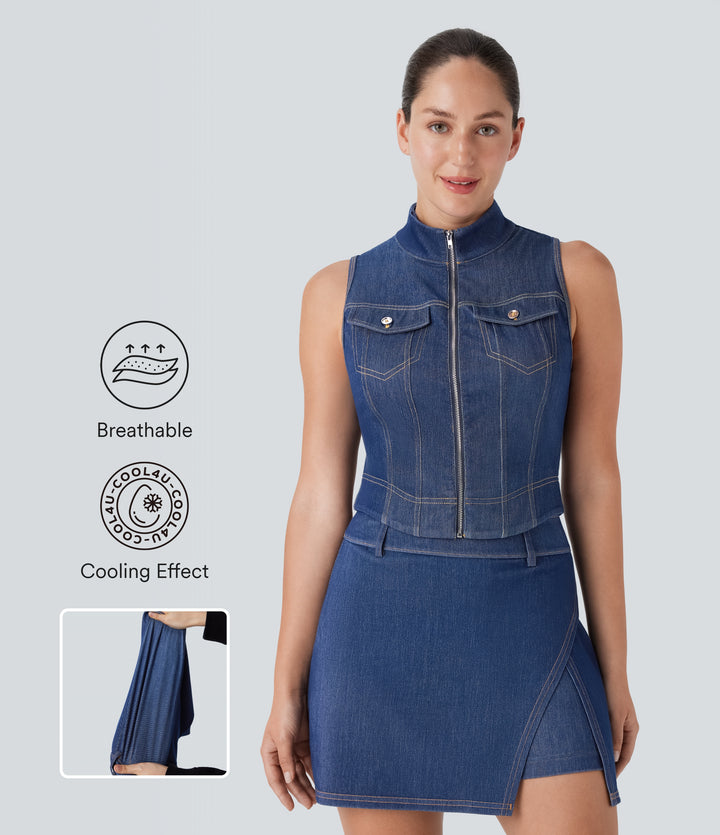 Stand Collar Zipper Washed Stretchy Knit Denim Tennis Tank Vest Top — Tide Blue Denim — view 1