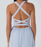 Backless Crisscross Quick Dry Maxi Casual Dress with Side Pockets — Ballad Blue — view 5