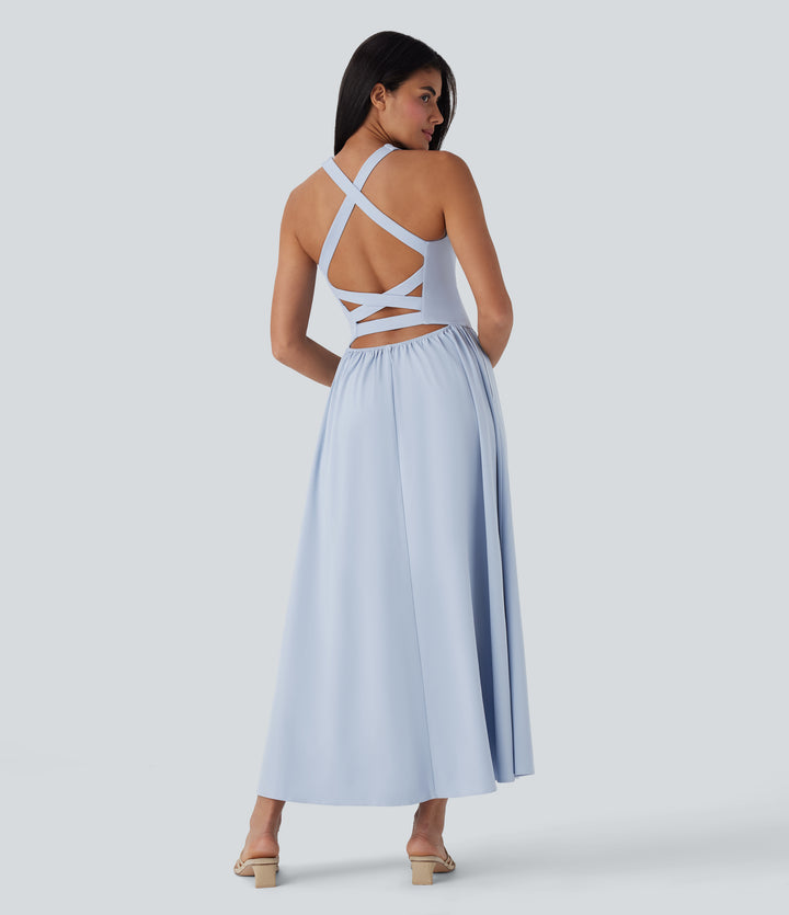 Backless Crisscross Quick Dry Maxi Casual Dress with Side Pockets — Ballad Blue — view 1