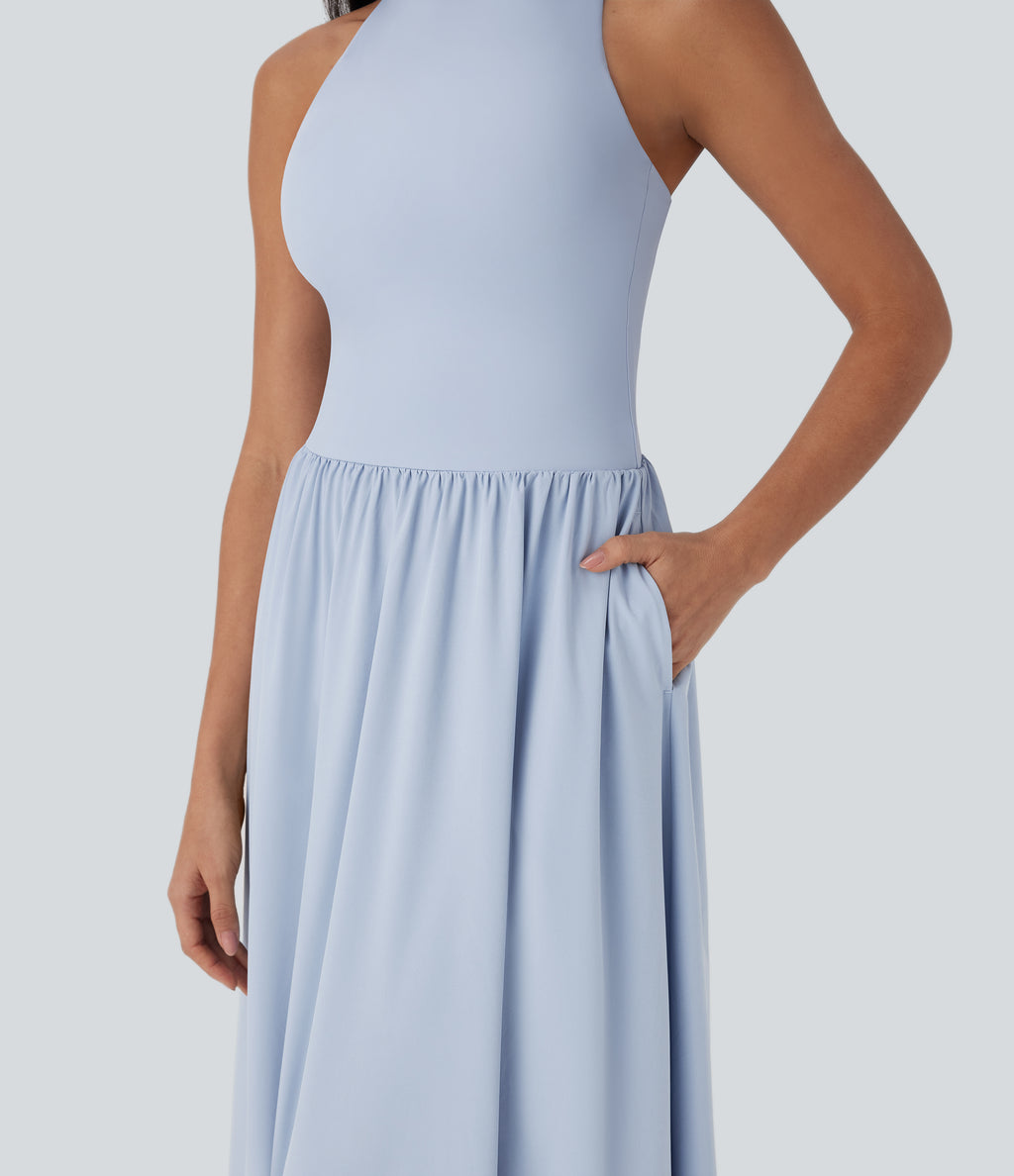 Backless Crisscross Quick Dry Maxi Casual Dress with Side Pockets — Ballad Blue — view 6