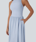 Backless Crisscross Quick Dry Maxi Casual Dress with Side Pockets — Ballad Blue — view 6