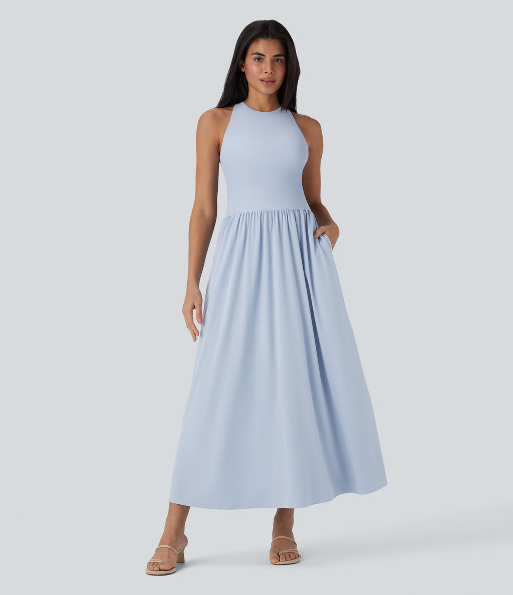 Backless Crisscross Quick Dry Maxi Casual Dress with Side Pockets — Ballad Blue — view 2